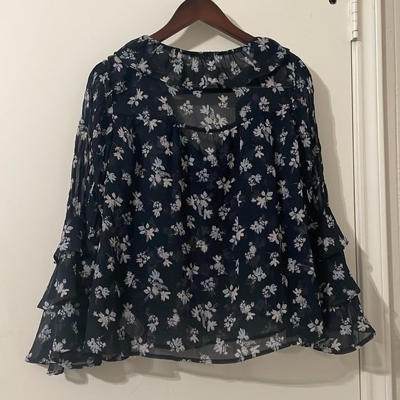 American Eagle Outfitters White Floral and Blue Ruffled Sheer Blouse Size XL - Picture 4 of 14